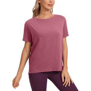 imageCRZ YOGA Womens Pima Cotton Short Sleeve Shirts Boat Neck Loose Fit Gym Workout TShirt Athletic Casual TopsMisty Merlot