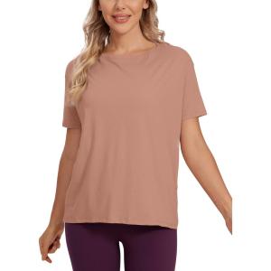 imageCRZ YOGA Womens Pima Cotton Short Sleeve Shirts Boat Neck Loose Fit Gym Workout TShirt Athletic Casual TopsMocha Mousse