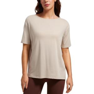 imageCRZ YOGA Womens Pima Cotton Short Sleeve Shirts Boat Neck Loose Fit Gym Workout TShirt Athletic Casual TopsMojave Tan