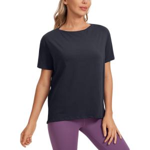 imageCRZ YOGA Womens Pima Cotton Short Sleeve Shirts Boat Neck Loose Fit Gym Workout TShirt Athletic Casual TopsNavy