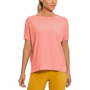 imageCRZ YOGA Womens Pima Cotton Short Sleeve Shirts Boat Neck Loose Fit Gym Workout TShirt Athletic Casual TopsPeach Pink