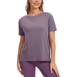 imageCRZ YOGA Womens Pima Cotton Short Sleeve Shirts Boat Neck Loose Fit Gym Workout TShirt Athletic Casual TopsPurple Gray