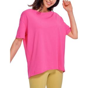 imageCRZ YOGA Womens Pima Cotton Short Sleeve Shirts Boat Neck Loose Fit Gym Workout TShirt Athletic Casual TopsSonic Pink