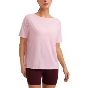imageCRZ YOGA Womens Pima Cotton Short Sleeve Shirts Boat Neck Loose Fit Gym Workout TShirt Athletic Casual TopsStrawberry Pink