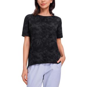 imageCRZ YOGA Womens Pima Cotton Short Sleeve Shirts Boat Neck Loose Fit Gym Workout TShirt Athletic Casual TopsTie Dye Smoke Ink