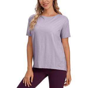 imageCRZ YOGA Womens Pima Cotton Short Sleeve Shirts Boat Neck Loose Fit Gym Workout TShirt Athletic Casual TopsTinsel Purple