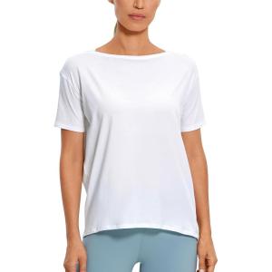 imageCRZ YOGA Womens Pima Cotton Short Sleeve Shirts Boat Neck Loose Fit Gym Workout TShirt Athletic Casual TopsWhite