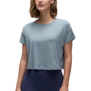 imageCRZ YOGA Womens Pima Cotton Workout Short Sleeve Shirts Loose Athletic Crop Tops Gym Casual Cropped TShirtBelgian Blue