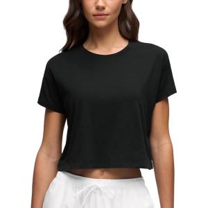 imageCRZ YOGA Womens Pima Cotton Workout Short Sleeve Shirts Loose Athletic Crop Tops Gym Casual Cropped TShirtBlack