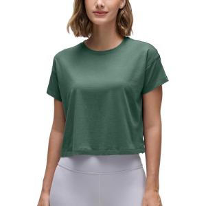 imageCRZ YOGA Womens Pima Cotton Workout Short Sleeve Shirts Loose Athletic Crop Tops Gym Casual Cropped TShirtGraphite Green