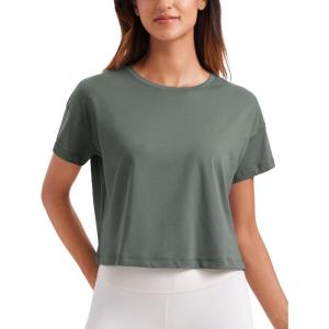 imageCRZ YOGA Womens Pima Cotton Workout Short Sleeve Shirts Loose Athletic Crop Tops Gym Casual Cropped TShirtGrey Sage