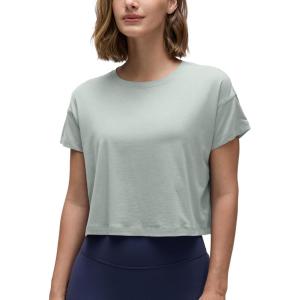 imageCRZ YOGA Womens Pima Cotton Workout Short Sleeve Shirts Loose Athletic Crop Tops Gym Casual Cropped TShirtJade Grey