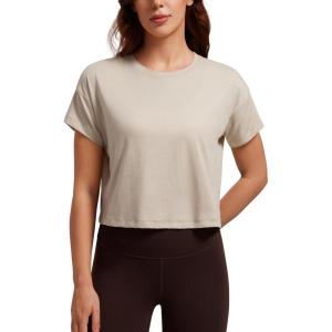 imageCRZ YOGA Womens Pima Cotton Workout Short Sleeve Shirts Loose Athletic Crop Tops Gym Casual Cropped TShirtMojave Tan