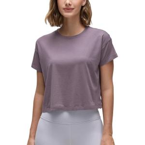 imageCRZ YOGA Womens Pima Cotton Workout Short Sleeve Shirts Loose Athletic Crop Tops Gym Casual Cropped TShirtPurple Gray