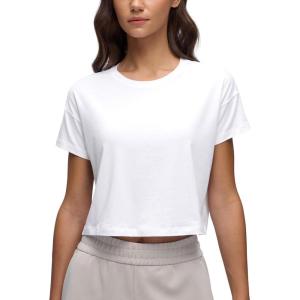 imageCRZ YOGA Womens Pima Cotton Workout Short Sleeve Shirts Loose Athletic Crop Tops Gym Casual Cropped TShirtWhite
