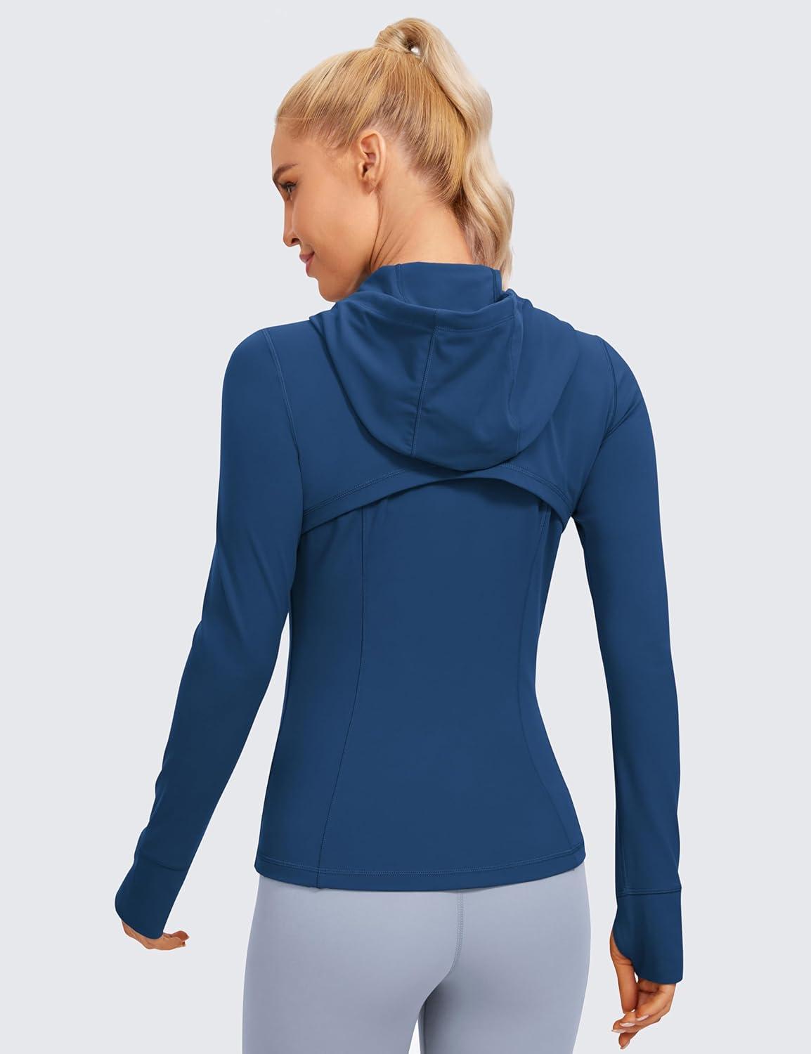 imageCRZ YOGA Butterluxe Womens Hooded Workout Jacket Athletic Running Zip Up with Back Mesh Vent and Thumb HolesFrench Navy