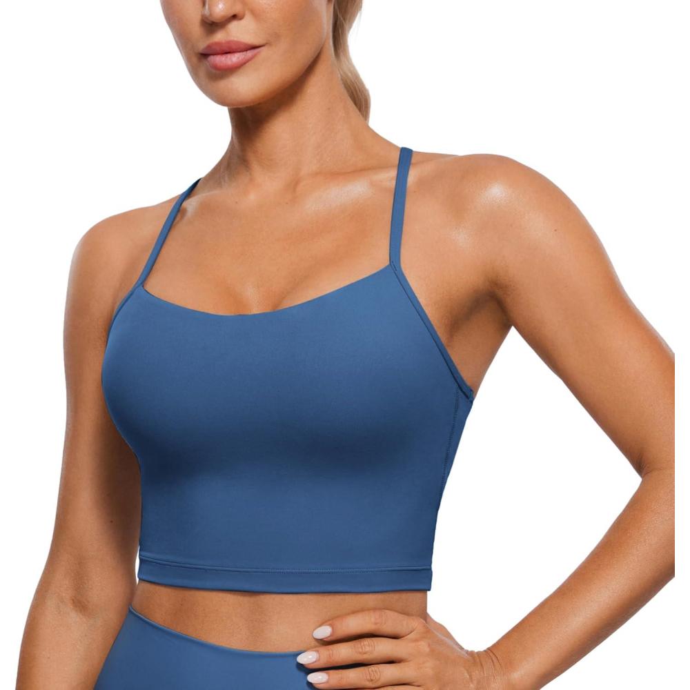 imageCRZ YOGA Womens Butterluxe Y Back Longline Sports Bras  Spaghetti Straps Racerback Padded Yoga Workout Crop Tank TopPitch Blue