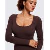 imageCRZ YOGA Butterluxe Athletic Rompers for Women Long Sleeve Scoop Neck Short Jumpsuits Stretchy Workout One Piece BodysuitHot Fudge Brown