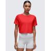 imageCRZ YOGA Open Back Short Sleeve Crop Top for Women Loose Athletic Yoga Workout Shirts Casual Cropped TShirtsDeep Red