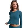 imageCRZ YOGA Womens Mesh Long Sleeve Swimsuit Cover Up Pullover High Neck Crop Bathing Suit Bikini Coverups TopsSapphire Blue