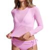 imageCRZ YOGA Womens Mesh Long Sleeve Swimsuit Cover Up Pullover High Neck Crop Bathing Suit Bikini Coverups TopsVita Pink