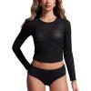 imageCRZ YOGA Womens Mesh Long Sleeve Swimsuit Cover Up Pullover High Neck Crop Bathing Suit Bikini Coverups TopsBlack