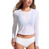 imageCRZ YOGA Womens Mesh Long Sleeve Swimsuit Cover Up Pullover High Neck Crop Bathing Suit Bikini Coverups TopsWhite