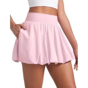 imageCRZ YOGA Bubble High Waisted Tennis Skirts for Women Casual Athletic Mini Ruffled Hem Balloon Skort with Side PocketsStrawberry Pink