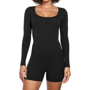 imageCRZ YOGA Butterluxe Athletic Rompers for Women Long Sleeve Scoop Neck Short Jumpsuits Stretchy Workout One Piece BodysuitBlack