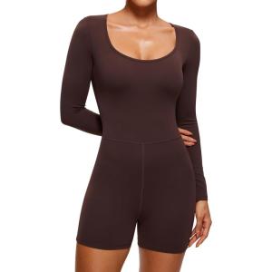 imageCRZ YOGA Butterluxe Athletic Rompers for Women Long Sleeve Scoop Neck Short Jumpsuits Stretchy Workout One Piece BodysuitHot Fudge Brown