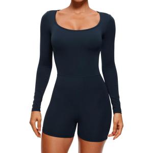 imageCRZ YOGA Butterluxe Athletic Rompers for Women Long Sleeve Scoop Neck Short Jumpsuits Stretchy Workout One Piece BodysuitTrue Navy