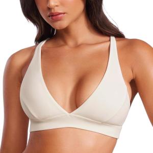imageCRZ YOGA Butterluxe Deep VNeck Sports Bras for Women  Spaghetti Strap Criss Cross Padded Top Low Coverage Wireless YogaWhite Apricot