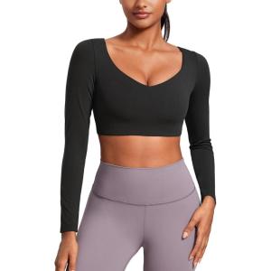 imageCRZ YOGA Butterluxe Double Lined Long Sleeve Yoga Shirts for Women V Neck Cropped Casual TShirt Tight Crop Fitted TopsBlack