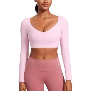 imageCRZ YOGA Butterluxe Double Lined Long Sleeve Yoga Shirts for Women V Neck Cropped Casual TShirt Tight Crop Fitted TopsPink Peony