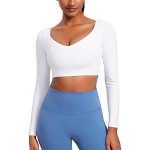 imageCRZ YOGA Butterluxe Double Lined Long Sleeve Yoga Shirts for Women V Neck Cropped Casual TShirt Tight Crop Fitted TopsWhite