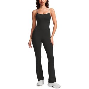 imageCRZ YOGA Butterluxe Flare Jumpsuits for Women Spaghetti Strap Workout Athletic Onesie Square Neck Bodysuits with Built in BraBlack