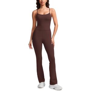 imageCRZ YOGA Butterluxe Flare Jumpsuits for Women Spaghetti Strap Workout Athletic Onesie Square Neck Bodysuits with Built in BraTaupe