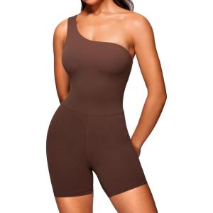 imageCRZ YOGA Butterluxe One Shoulder Athletic Rompers for Women Removable Padded Shorts Jumpsuit One Piece Stretchy BodysuitCoffee Brown