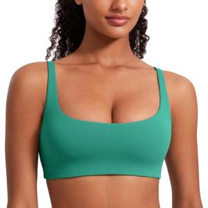 imageCRZ YOGA Butterluxe Spaghetti Strap Sports Bras for Women  Square Neck Yoga Wireless Low Coverage Padded Cami Crop TopCascadia Green