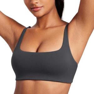 imageCRZ YOGA Butterluxe Spaghetti Strap Sports Bras for Women  Square Neck Yoga Wireless Low Coverage Padded Cami Crop TopMysterious Grey