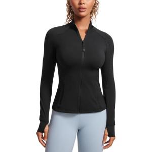 imageCRZ YOGA Butterluxe Womens Full Zip Workout Jackets Slim Fit Track Athletic Tops with Thumb HolesBlack