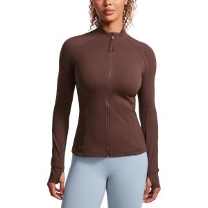imageCRZ YOGA Butterluxe Womens Full Zip Workout Jackets Slim Fit Track Athletic Tops with Thumb HolesTaupe