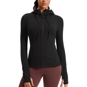imageCRZ YOGA Butterluxe Womens Hooded Workout Jacket Athletic Running Zip Up with Back Mesh Vent and Thumb HolesBlack
