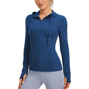 imageCRZ YOGA Butterluxe Womens Hooded Workout Jacket Athletic Running Zip Up with Back Mesh Vent and Thumb HolesFrench Navy