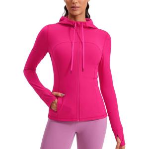 imageCRZ YOGA Butterluxe Womens Hooded Workout Jacket Athletic Running Zip Up with Back Mesh Vent and Thumb HolesGranita Pink