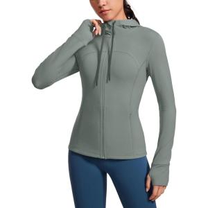 imageCRZ YOGA Butterluxe Womens Hooded Workout Jacket Athletic Running Zip Up with Back Mesh Vent and Thumb HolesGrey Sage