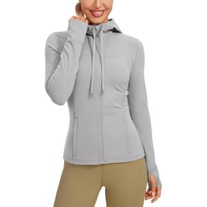 imageCRZ YOGA Butterluxe Womens Hooded Workout Jacket Athletic Running Zip Up with Back Mesh Vent and Thumb HolesGull Gray
