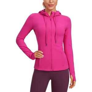 imageCRZ YOGA Butterluxe Womens Hooded Workout Jacket Athletic Running Zip Up with Back Mesh Vent and Thumb HolesHibiscus Purple