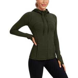 imageCRZ YOGA Butterluxe Womens Hooded Workout Jacket Athletic Running Zip Up with Back Mesh Vent and Thumb HolesOlive Green