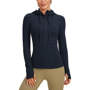 imageCRZ YOGA Butterluxe Womens Hooded Workout Jacket Athletic Running Zip Up with Back Mesh Vent and Thumb HolesTrue Navy